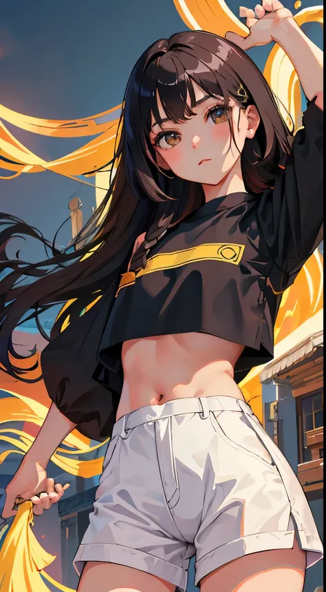 Overlooking，highest quality，Beautiful face in every detail，cute，Dark brown eyes，(背の低いcute女の子，Small young student，Young delicate girl）,（masterpiece，Top quality)，Black Hair，Sleepy expression，Crop Top Look，Black Shirt，White shorts