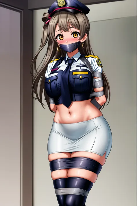 masterpiece, best quality, solo ,big breasts, minami kotori, curvy body ,crop top, midriff,earrings, pencil skirt, necktie , sta...