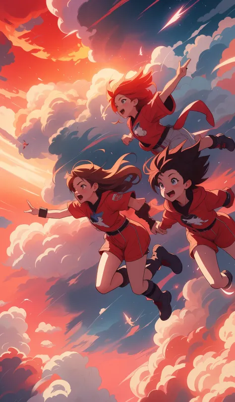 An illustration of a group of adolescents joyfully flying through a sky filled with a Cloud made of red lightnings, whimsical, dreamlike, dark colors, fluffy clouds, childlike wonder. abasterpiece)), ((best quality)), ultra detailed,((illustration)), dynam...