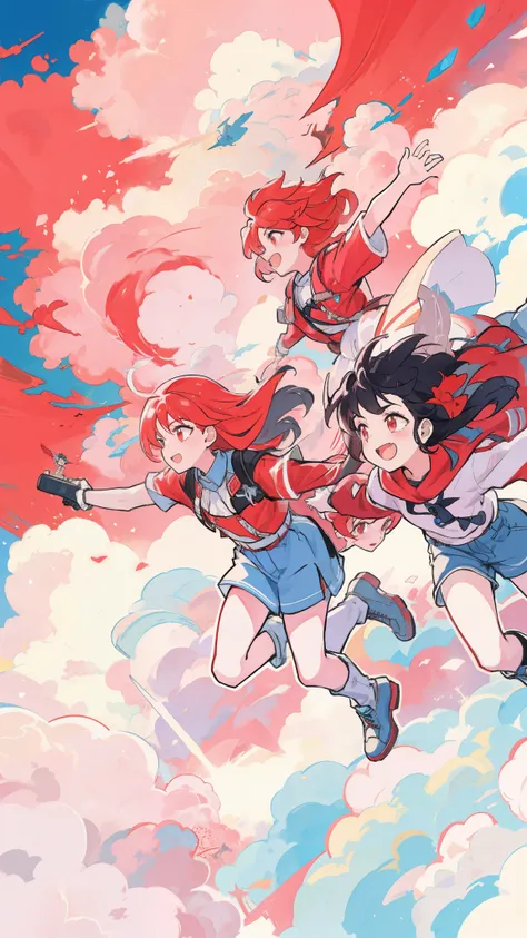 An illustration of a group of adolescents joyfully flying through a sky filled with a Cloud made of red lightnings, whimsical, dreamlike, dark colors, fluffy clouds, childlike wonder, tachi-e, fashionable, outfit, posing, front, colorful, dynamic, backgrou...