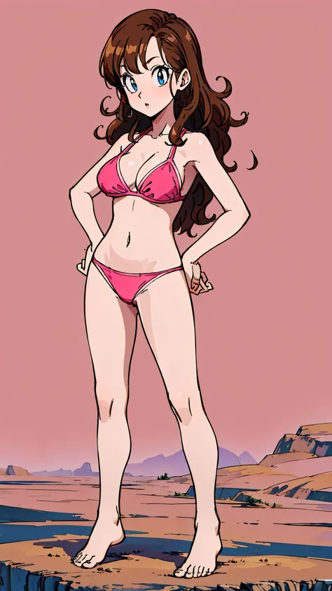 Masterpiece, best quality, Masterpiece, best quality, 1 woman, wavy brown hair, sly face , pink bikini , big breasts , Long legs , hands on hips , Barefoot , alley