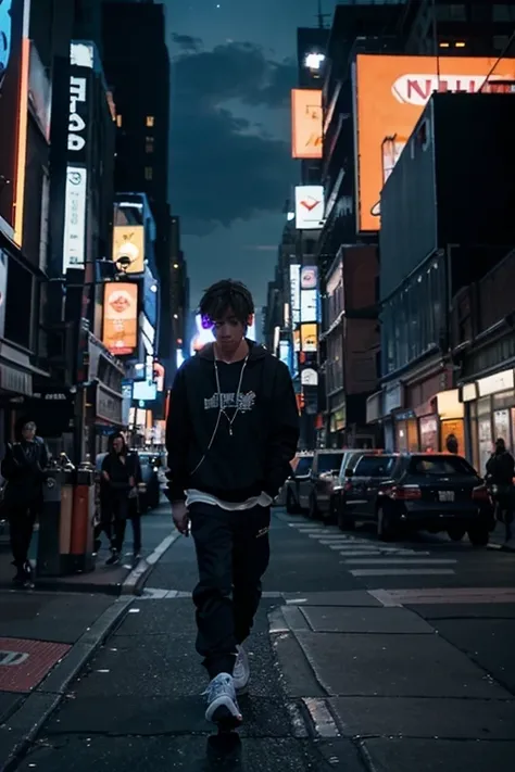 "Imagine a scene straight out of an anime: a young boy, headphones in place, strolls through the vibrant streets of New York City at night. In the animated world, the city takes on a surreal glow, with towering skyscrapers reaching towards the starry sky a...