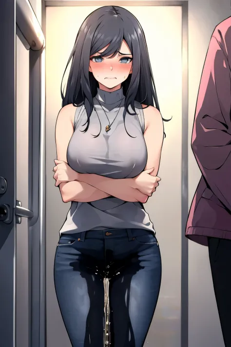 A woman with very long black hair and (very long bangs:1.5), wearing a stylish jacket and tight jeans, standing. The artwork is inspired by manga and incorporates a doujin style. The woman appears to be (wetting herself:1.5), which causes her to feel embar...