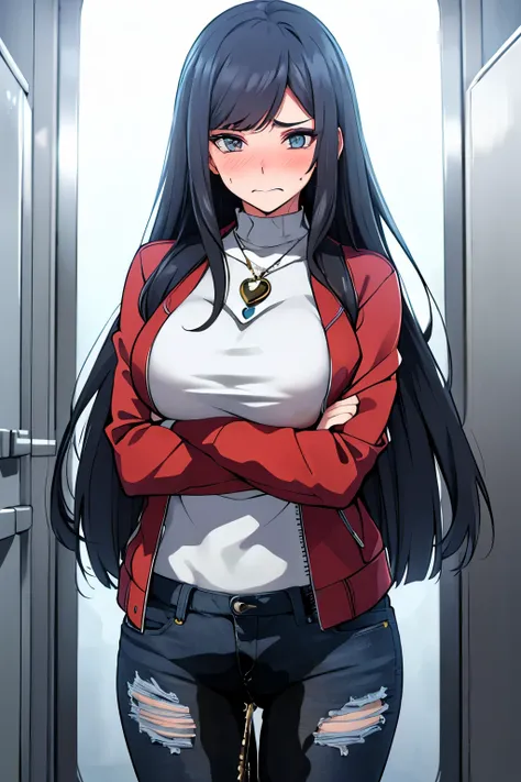 A woman with very long black hair and (very long bangs:1.5), wearing a stylish jacket and tight jeans, standing. The artwork is inspired by manga and incorporates a doujin style. The woman appears to be (wetting herself:1.5), which causes her to feel embar...