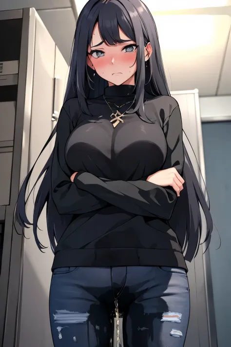 A woman with very long black hair and (very long bangs:1.5), wearing a stylish jacket and tight jeans, standing. The artwork is inspired by manga and incorporates a doujin style. The woman appears to be (wetting herself:1.5), which causes her to feel embar...