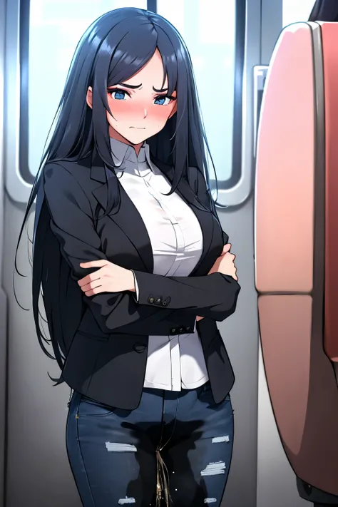 A woman with very long black hair and (very long bangs:1.5), wearing a stylish jacket and tight jeans, standing. The artwork is inspired by manga and incorporates a doujin style. The woman appears to be (wetting herself:1.5), which causes her to feel embar...