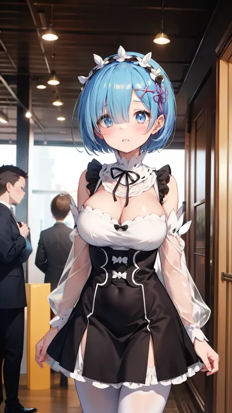 Rem from Re:Zero、light blue hair、short hair、table top、High resolution、many girls multiple girls、large crowd、lots of cute girls、big and full breasts、naughty body、See-through、throw、、whole body、Are standing、Look up at me、confused face、blush、embarrassing、Excit...