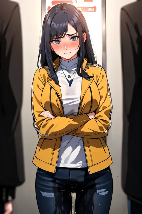 A woman with very long black hair and (very long bangs:1.5), wearing a stylish jacket and tight jeans, standing. The artwork is inspired by manga and incorporates a doujin style. The woman appears to be (wetting herself:1.5), which causes her to feel embar...