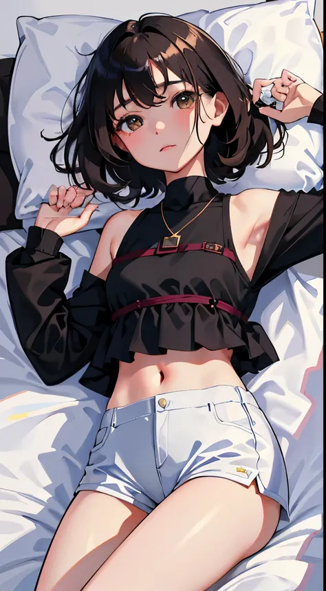 Overlooking，highest quality，Beautiful face in every detail，cute，Dark brown eyes，(背の低いcute女の子，Small young student，Young delicate girl）,（masterpiece，Top quality)，Black Hair，Sleepy expression，Crop Top Look，Black Shirt，White shorts