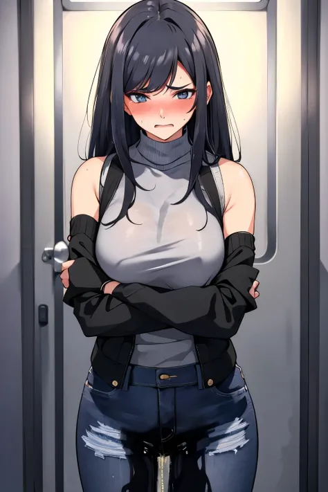 A woman with very long black hair and (very long bangs:1.5), wearing a stylish jacket and tight jeans, standing. The artwork is inspired by manga and incorporates a doujin style. The woman appears to be (wetting herself:1.5), which causes her to feel embar...