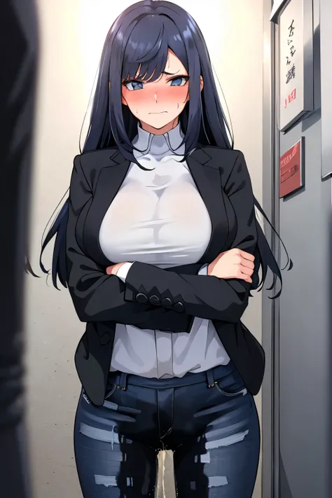 A woman with very long black hair and (very long bangs:1.5), wearing a stylish jacket and tight jeans, standing. The artwork is inspired by manga and incorporates a doujin style. The woman appears to be (wetting herself:1.5), which causes her to feel embar...