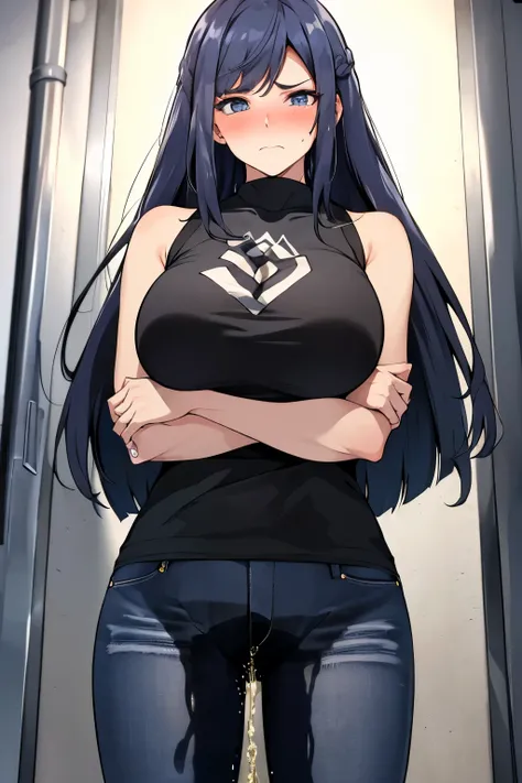 A woman with very long black hair and (very long bangs:1.5), wearing a stylish jacket and tight jeans, standing. The artwork is inspired by manga and incorporates a doujin style. The woman appears to be (wetting herself:1.5), which causes her to feel embar...