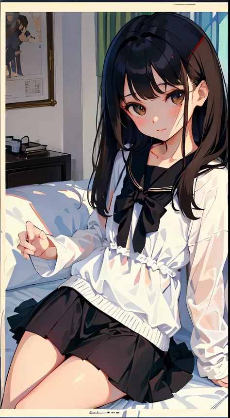 Overlooking，highest quality，Beautiful face in every detail，cute，Dark brown eyes，(背の低いcute女の子，Small young student，Young delicate girl）,（masterpiece，Top quality)，Black Hair，Sleepy expression，Black Shirt，Black Mini Skirt，rooftop