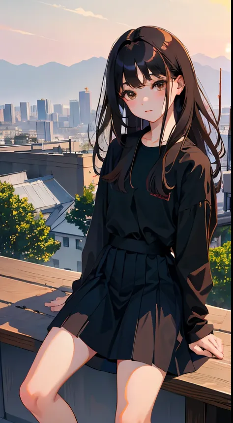 Overlooking，highest quality，Beautiful face in every detail，cute，Dark brown eyes，(背の低いcute女の子，Small young student，Young delicate girl）,（masterpiece，Top quality)，Black Hair，Sleepy expression，Black Shirt，Black Mini Skirt，rooftop