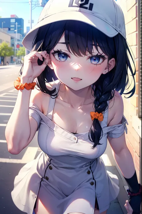 Rikka body, rikka takarada, Black Hair, blue eyes, Long Hair, orange Scrunchie, Scrunchie, wrist Scrunchie,Off-the-shoulder sleeveless dress,Bare shoulders,Bare neck,Bare arms,bare clavicle,Long skirt,sneakers,Baseball hats,happy smile, smile, Open your mo...