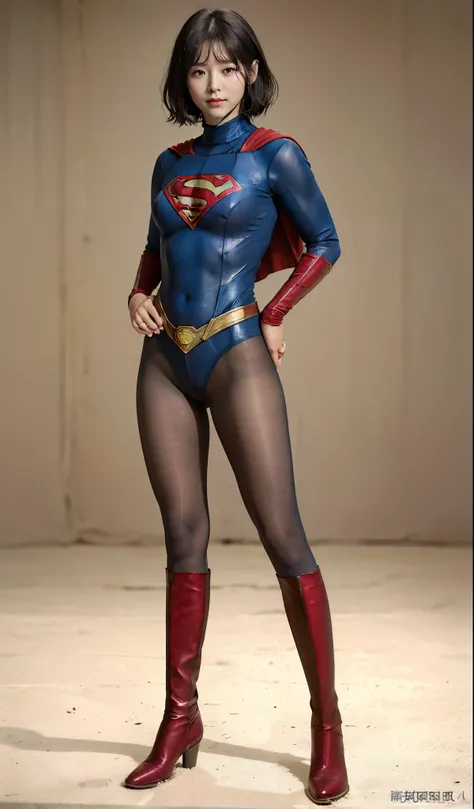 No background、(((Beautiful legs in black tights.)))、(((Legally express the beauty of your smile)))、((((Make the most of your original images)))、(((Supergirl Costume)))、(((Short beautiful hair)))、(((suffering)))、(((Please wear black tights....、Wear red boot...