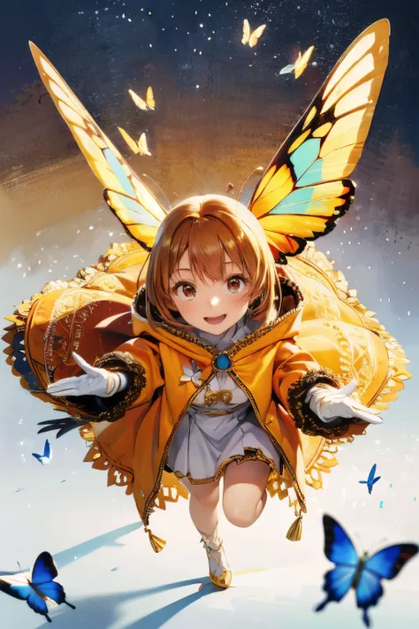 (perspective composition:1),Anime of 1 girl is fly in the air and smile and surrounded by a lot of surreal painting gold butterfly filigree,broken glass,brown long hair:1,wear gold butterfly filigree outfit coat fashion costume with ruffled layers:1),from ...