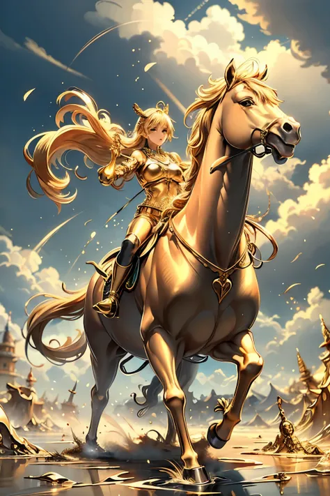 Golden Horse、The background is golden、A shining golden world、(((masterpiece))), (highest quality), (Very detailed), (very_expensive_solve), (big_file size), (Full Color)、Golden light particles scattered