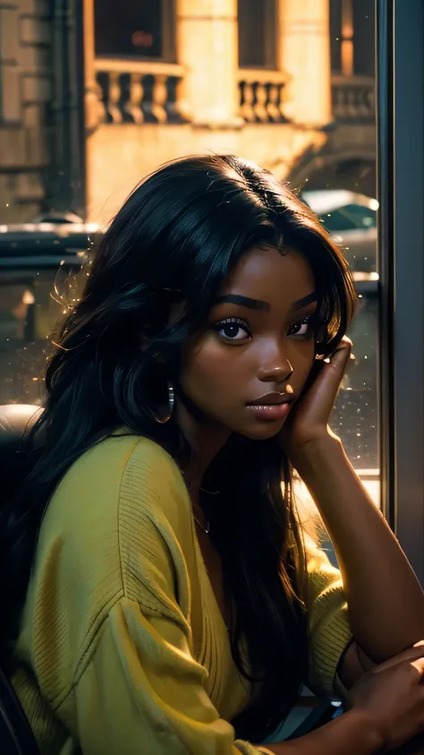 ((masterpiece, best quality, ultra detailed, ultra high res)), ((night)), (distant), chiaroscuro, coffee, indoors, solo focus, pov, (through the window), (armrest), 1 woman,(dark skin), ebony skin, ebony nose, full lips, facing away, black hair, long hair,...