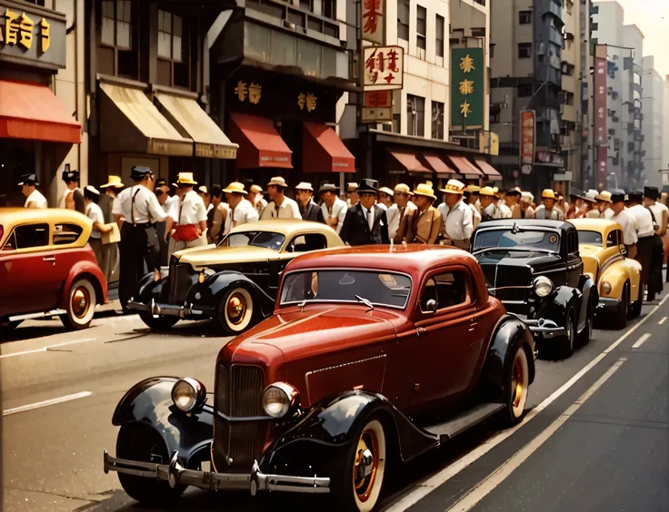 cars are lined up on the side of the road in a city, hotrods driving down a street, vintage cars, hong kong 1 9 5 4, 5 hotrods d...