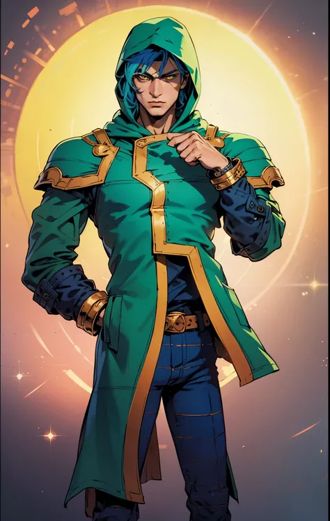 A man with short golden-blue hair, upward-flipped middle part bangs, handsome face, confident expression, golden eyes, he is hooded, a fantasy-style green-purple hooded coat, black undershirt, blue and white shoulder guards, wide cuffs, asymmetrical hem, a...