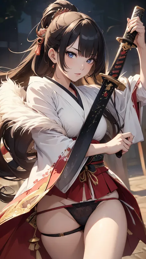 (((masterpiece))), (((High resolution)))、(((8K quality)))、(((perfect face)))、(((woman having a Japanese sword))), ((panty)), look at the camera, ((top quality eyes)), (detailed face), (detailed texture)
