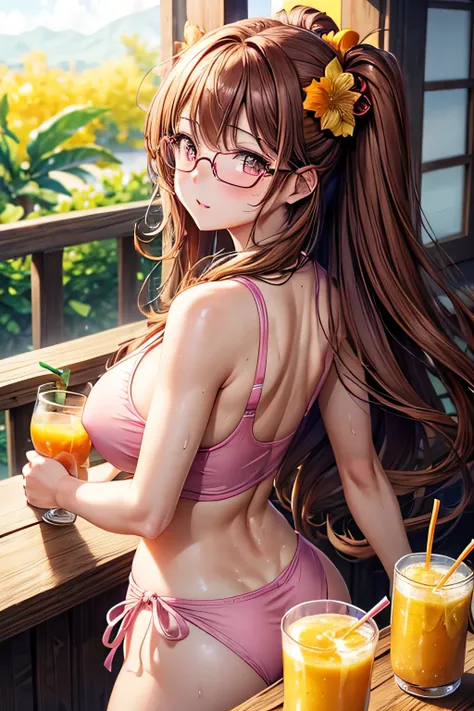 High resolution, high quality, One girl, Anime Girls,Brown long hair, Brown eyes, Pink Glasses,heart shaped pupils,Sunburned skin, Large Breasts,beautiful breasts,pointy breasts,long nipples,(Big Ass),beautiful ass,Embarrassed,Tank Top,lower body,sweat,wet...