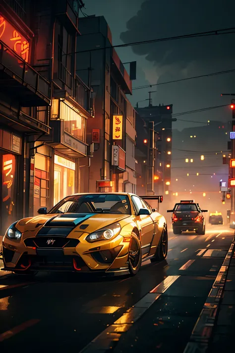 (Masterpiece, Best Quality, photograph realistic), (Car Drifting, Tokyo City Track), (Shiny bodywork reflecting neon city lights), (NSFW, 8K Wallpaper, High resolution), (Realistic Tire Screech Sounds), (Dynamic lighting, Foggy Background), (Realistic Engi...