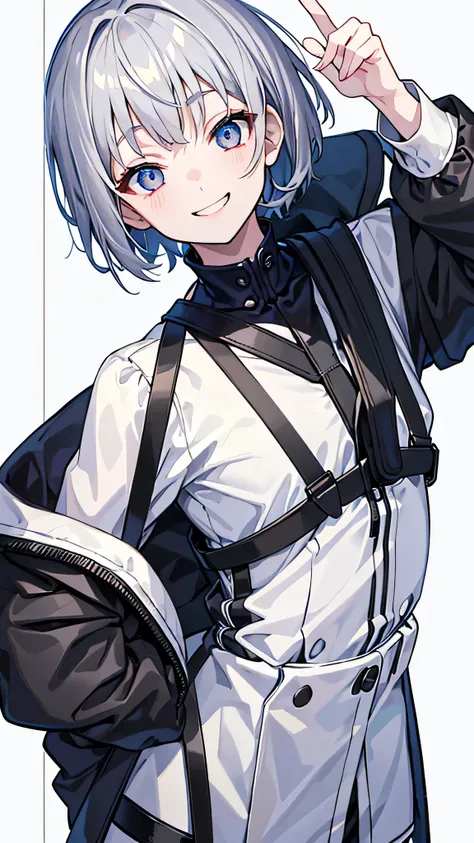 [[[whole body]]]、whole body、Character portrait、VTuber、[[[front]]]、upright、In the eyes of the beholder、Focus your gaze on the front、Gazing Eyes、Gray Hair、short hair、girl、Harness、Simple Background、smile、Gentle smile、