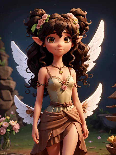 fairy with large wings of an intense and earthy color, pointed elf ears, black curly hair down to the waist adorned with a flower crown, long intense pink dress with bare shoulders and collarbone, flowers and leaves decorating the entire dress, barefoot, s...