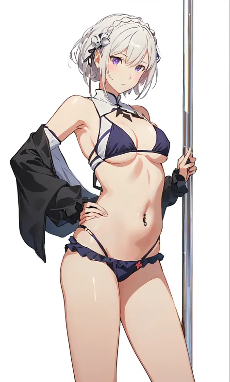 Emilia re:zero, purple eyes, Emilia, crown braid, x hair ornament, flower hair ornament, white hair, long hair, medium breasts, belly piercing, naval piercing, anime girl in a bikini posing next to a pole, seductive anime girl, realistic bikini, attire: bi...