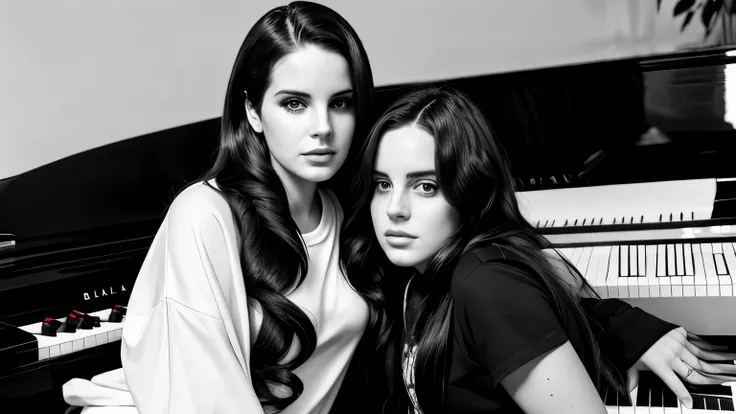 lana del rey and billie elish in a front a piano together, balck and white