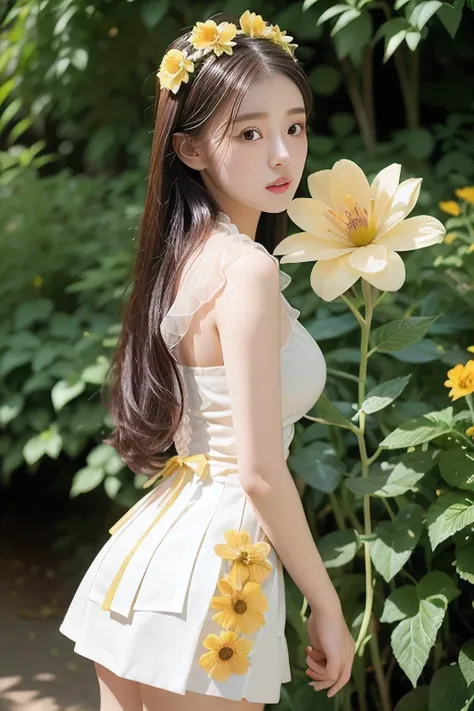 (Best Quality, Masterpiece: 1.2), Portrait, Big , Outdoor, 25-Year-Old Woman in the Garden: 2, White Miniskirt, (Pale Yellow Flower Confusion in the Background: 1.3) Same character, different costume, different angle, backlight: 1.5, rich skin detail: 1.5,