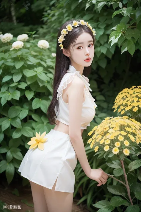 (Best Quality, Masterpiece: 1.2), Portrait, Big , Outdoor, 25-Year-Old Woman in the Garden: 2, White Miniskirt, (Pale Yellow Flower Confusion in the Background: 1.3) Same character, different costume, different angle, backlight: 1.5, rich skin detail: 1.5,