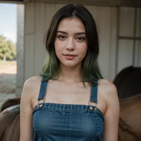 1girls, Nur, green Hair , 24 years old , In the whey field next to a horse, wearing denim overalls and a white t-shirt without front pockets, with piercing eyes and flawless skin, her hair should be short, at shoulder length, just above her shoulder, the e...