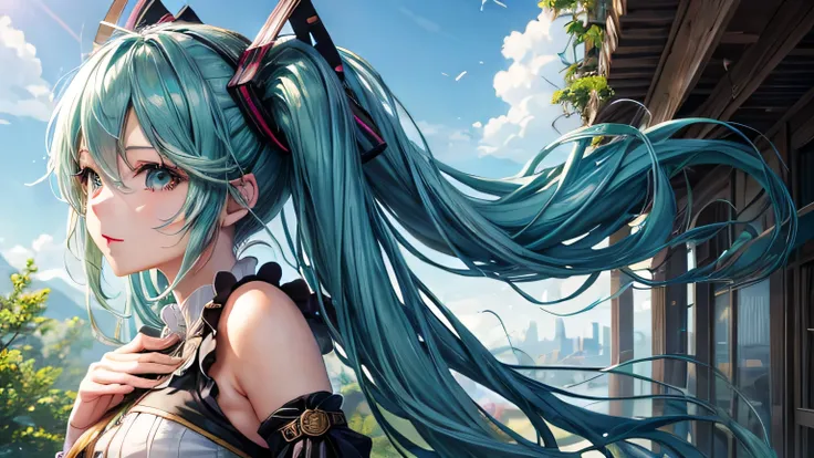 Hatsune Miku、Big Tits、Steampunk Costume、Steampunk landscape、The ultimate beauty、so beautiful, Shiny, Light、Detailed and highest quality eye depiction、、Detailed and highest quality facial depiction、highest quality、masterpiece、Ultra-high resolution、Detailed ...