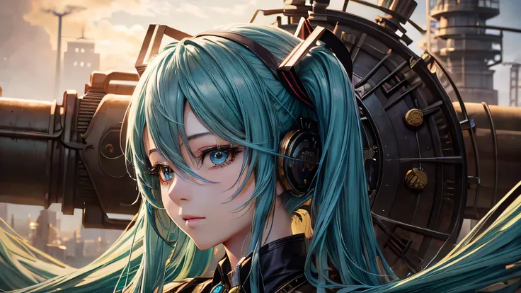 Hatsune Miku、Steampunk Costume、Steampunk landscape、The ultimate beauty、so beautiful, Shiny, Light、Detailed and highest quality eye depiction、、Detailed and highest quality facial depiction、highest quality、masterpiece、Ultra-high resolution、Detailed and highe...