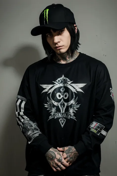 Emo man, tattoos, long sleeves, drop dead clothes, with guitar, monster energy cap