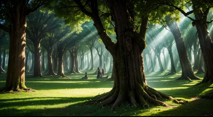 magical forest full of ((magical elven creatures)) running between the dense and old trees,   sonhadores, intrincado, altamente ...