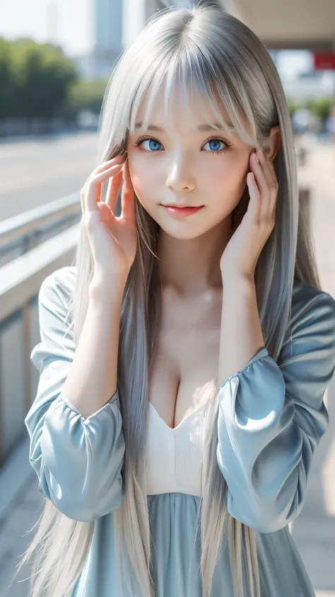 Shining, clear, white skin、Her windblown silver hair hides her beautiful face.、huge、Sexy beautiful face of 28 years old、Beautiful straight hair that stands out、growing up, Sparkling light blue eyes、Sexy long silky bangs covering the eyes, Sexy young woman ...