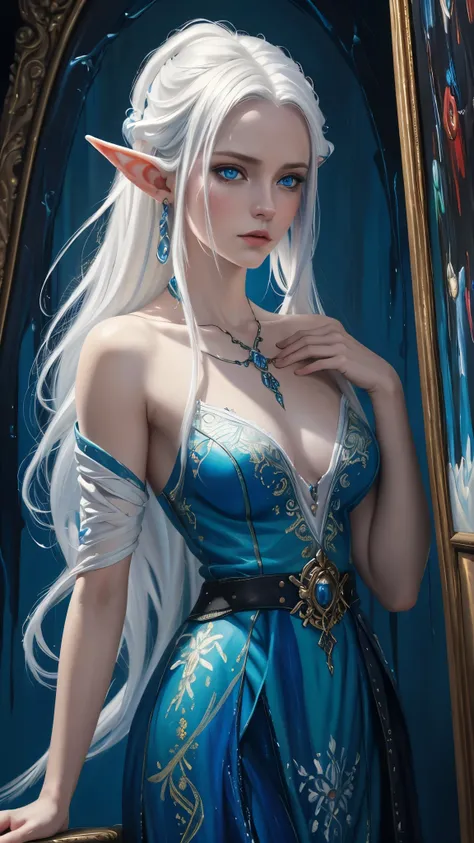 emotional oil paiting of a elf, white haired, vivid blue eyes, chiascuro style, elegance,(oil painting:1.4), hope, feelings, inspirationg, dramatic lighting

