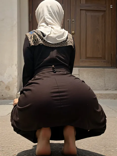 Single body, Realistic, high quality, muslim woman praying on her knees in a hijab, rear view