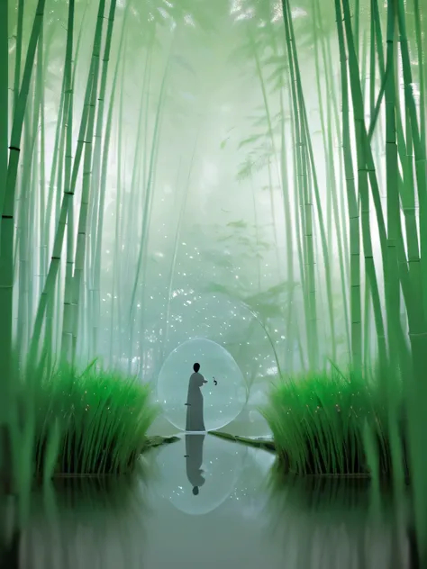 Glass candy wrapper，Three-dimensional ancient style，Microphotography，tilt-shift，photography，Hand holding a photo，on the photo，Wang Ximeng，Transparent bamboo forest landscape，A cloaked man walks among them，A bird in hand，shadow play，Dreamy，Bokeh，Shallow，Dep...