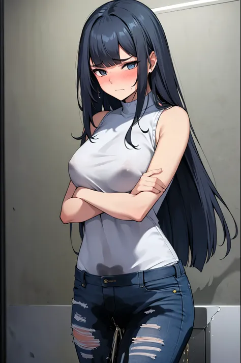 A woman with very long black hair and (very long bangs:1.5), wearing a stylish jacket and tight jeans, standing. The artwork is inspired by manga and incorporates a doujin style. The woman appears to be (wetting herself:1.5), which causes her to feel embar...