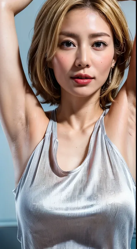 (Ultra HD、Ultra-high resolution、8k、Japanese Office Lady、At work)、Focus on the underarms、((Look Viewer:1.8))、(Extremely realistic skin texture:1.4)、(Photorealistic:1.3)、Short Hair、(smile:0.4)、(Blonde Hair:1.3)、40ature Woman、Ponytail hairstyle、(Raise one arm...