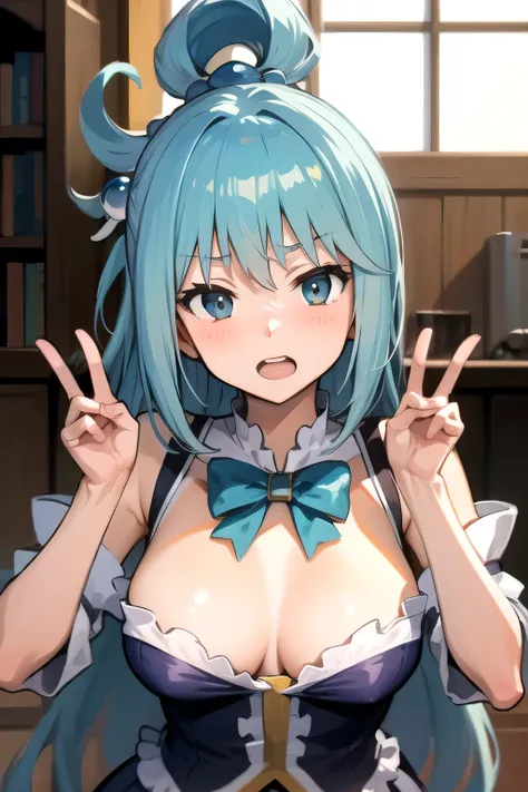 masterpiece, best quality, 1girl, double v, aqua (konosuba)
