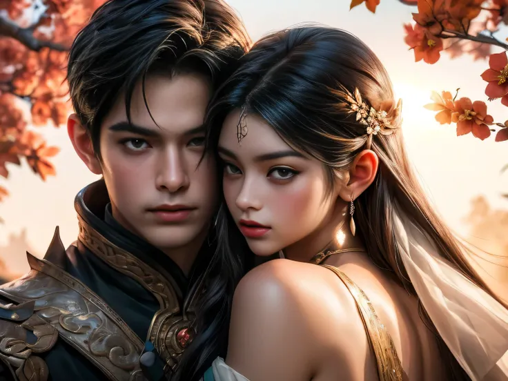 arafed image of a couple of asian man and woman hugging each other in Peach Garden, in wedding clothes, Peach Garden detailed background, xianxia fantasy, jingna zhang, game cg, wuxia, inspired by Chen Yifei, xianxia, xianxia hero, 2.5 d cgi anime fantasy ...