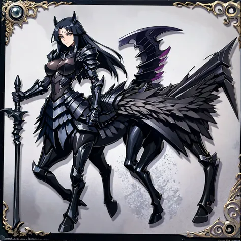 centaur girl. her image color black. she holds a scythe in her hand. her hairstyle shows off her forehead. lightly armored.