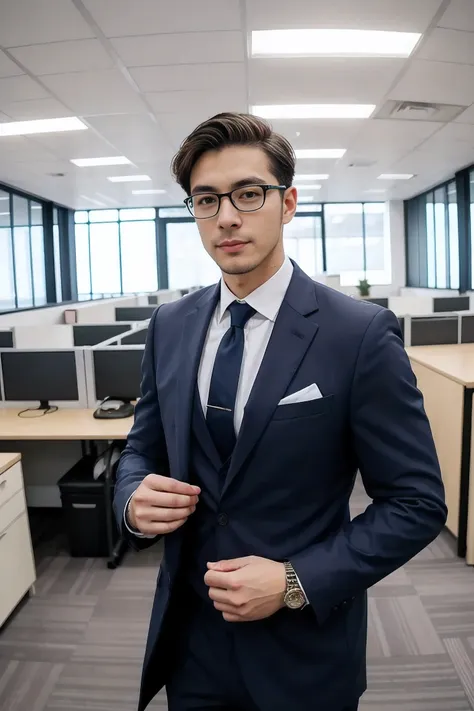 handsome male,solo,suit,feather coat,dutch angle ,office