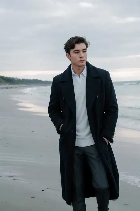 handsome male,solo,casual dress,feather coat,dutch angle ,beach